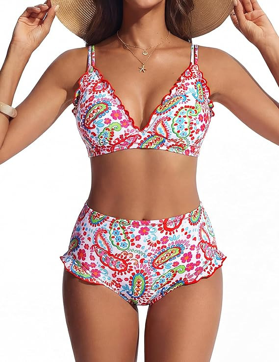 Hanna Nikole Women High Waisted Bikini Sets Ruffle, 2 Piece Bathing Suit Tummy Control, Sexy Retr... | Amazon (US)