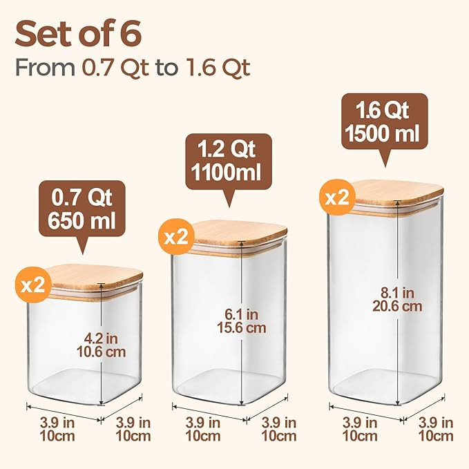 ComSaf Airtight Glass Storage Canister with Lids (0.7Qt/1.2Qt/1.6Qt) Set of 6, Food Storage Conta... | Amazon (US)