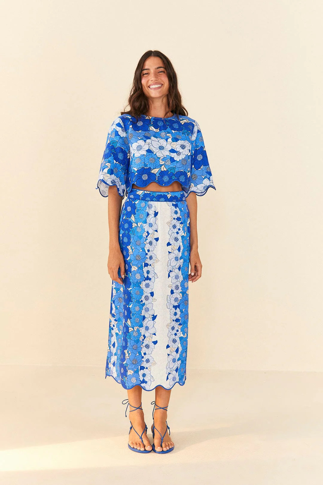 blue flower stripes midi skirt | FarmRio (US)