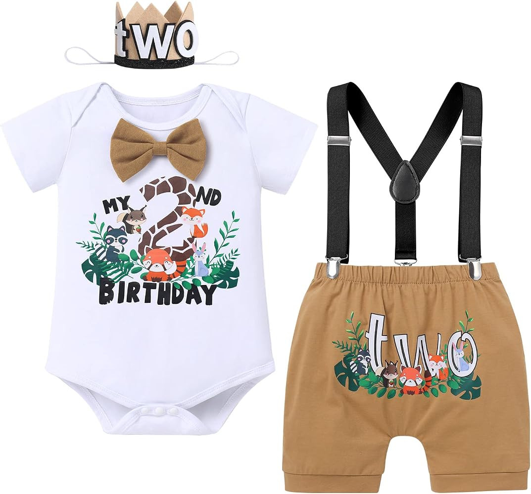 ODASDO Baby Boy Forest Animal Jungle Safari Theme 1st / 2nd Birthday Cake Smash Outfit Romper Sus... | Amazon (US)