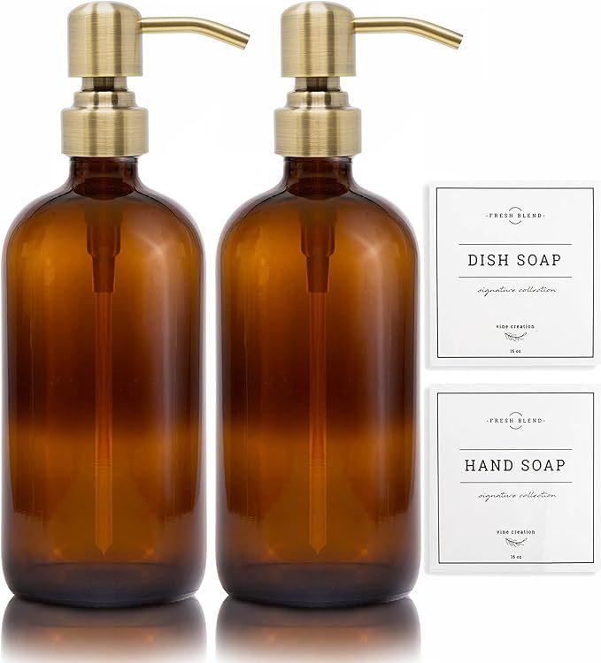 Vine Creations Amber Glass Soap Dispenser, 2 Pack Kitchen Soap Dispenser Set with Stainless Steel... | Amazon (US)