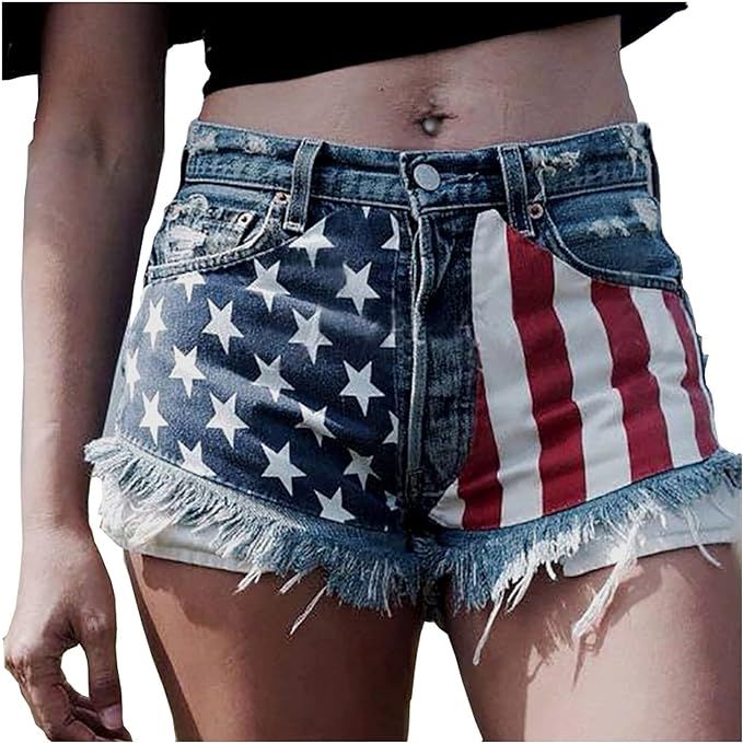 TWGONE Womens Denim Shorts Tassels Stars Printing Hole Hot Shorts Summer Mid Waist Stretchy Manua... | Amazon (US)