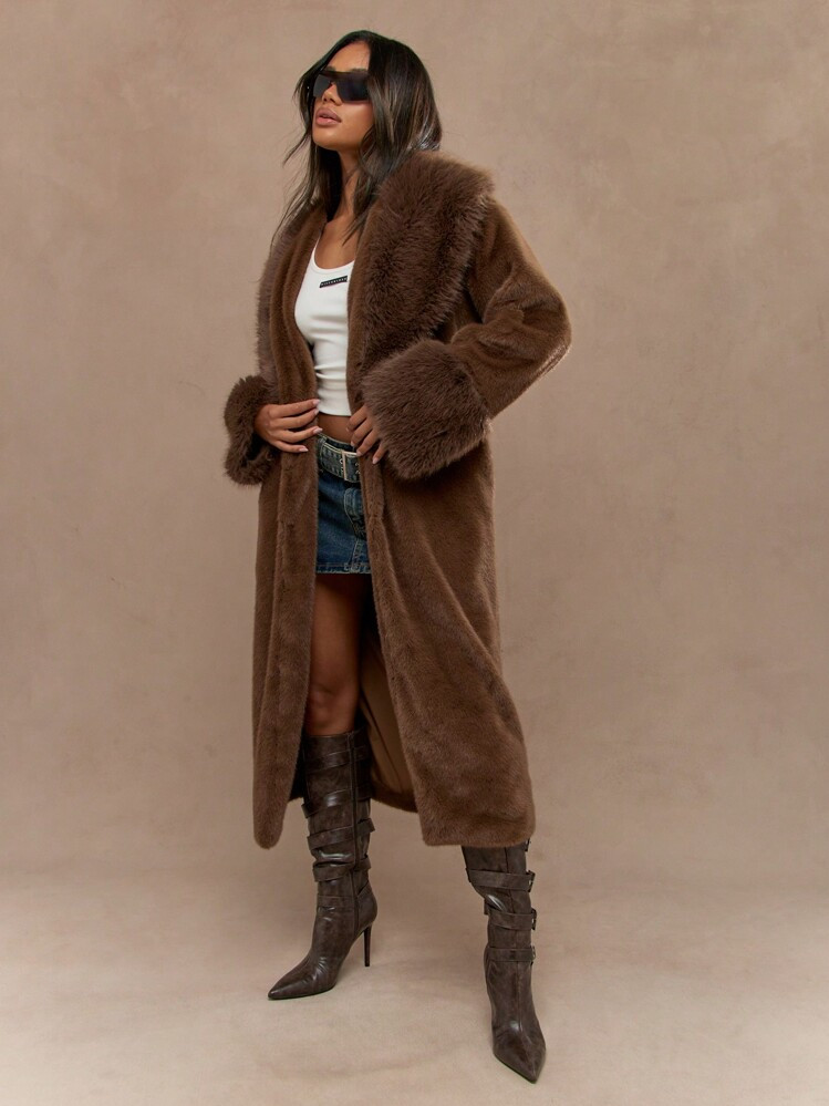 MISSGUIDED Luxurious Long Plush Faux Fur Winter Coat With Stand Collar Soft Fleece Teddy Oversized Outerwear Fall Holiday Party Evening Warm Cozy Jacket | SHEIN