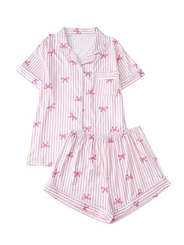 BEAUDRM Women's 2 Piece Pajama Sets Shell Print Short Sleeve Sleepwear Button Down Shirt and Bow Shorts Loungewear Pj Sets Pink and White Large | Amazon (US)