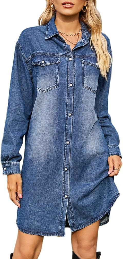 Womens Denim Shirt Dresses Long Sleeve Vintage Distressed Button Down Casual Jean Dress with Pock... | Amazon (US)