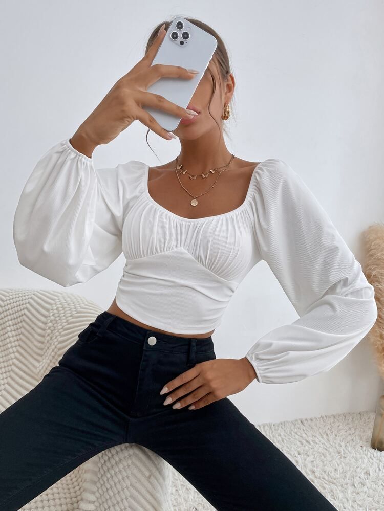 Sweetheart Neck Lantern Sleeve Crop Top | SHEIN