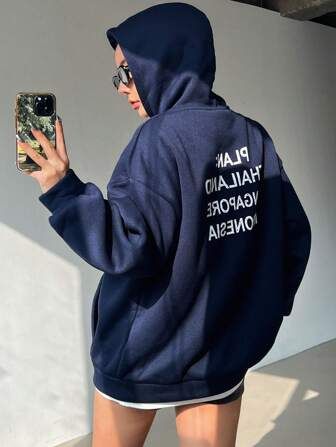 DAZY Hooded Long Sweatshirt With Slogan Print | SHEIN