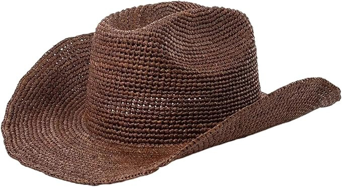 Women's Wide Brim Crocheted Raffia Cowboy Hat Natural Woven Cap for Outdoor Vacation Travel | Amazon (US)