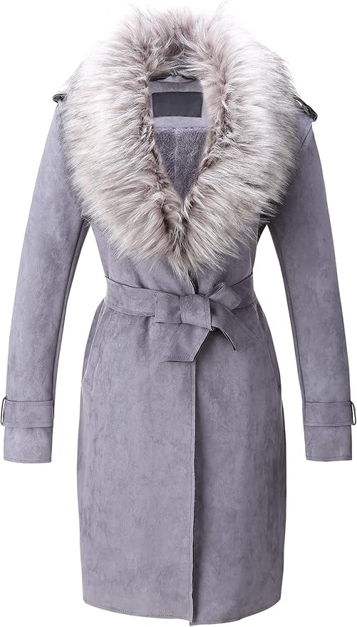 Bellivera Women Faux Leather Trench Coat Fleece-Lined Mid-length Jacket with Detachable Fur Colla... | Amazon (US)