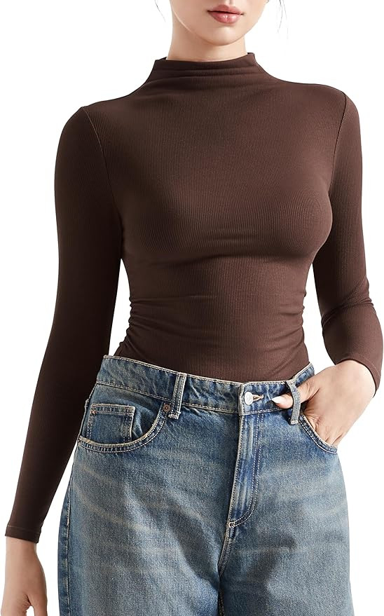 SUUKSESS Women Ribbed Modal Long Sleeve Casual Tops High Neck Going Out T Shirts | Amazon (US)