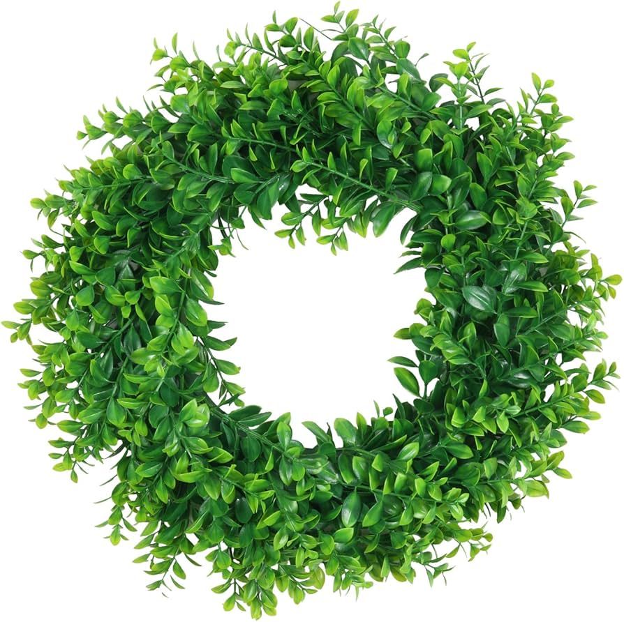 Pauwer Artificial Green Leaves Wreath 16" Boxwood Wreath Farmhouse Greenery Wreath for Front Door... | Amazon (US)