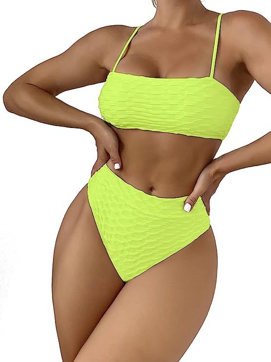 YELAIVP Women's Bandeau High Waisted Bikini Swimsuits High Cut Padded Two Pieces Bathing Suit | Amazon (US)