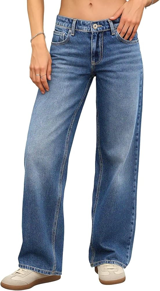 ELLEVEN Women's Low-Rise Baggy Jeans, High Stretchy Y2K Wide Leg Jeans Boyfriend Straight Leg Den... | Amazon (US)