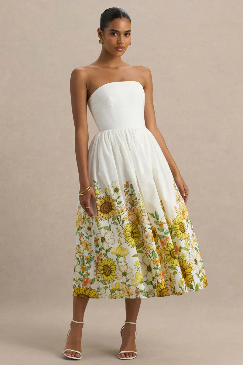 Ivory  Sunflower Print Bandeau High-Low Midi Dress | Club L London