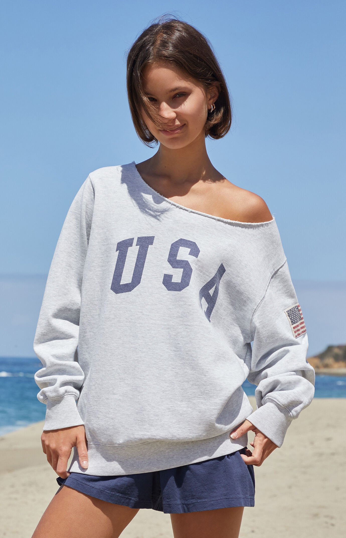 John Galt Women's Stelle USA Off-The-Shoulder Sweatshirt in Gray | PacSun