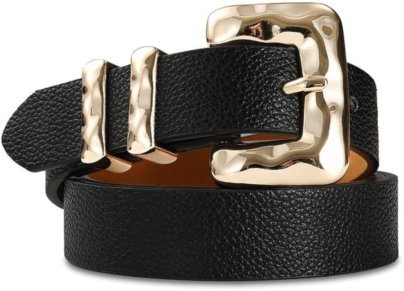 Brown Leather Stylish Belt with Shiny Gold Metal Buckle Unique Inflated Design for Casual Fashion... | Amazon (US)