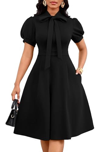 Nmoder Midi Dresses for Women, Semi-Formal Fit and Flare Tie Neck Puff Sleeve Elegant Cocktail Party Black Dress M | Amazon (US)