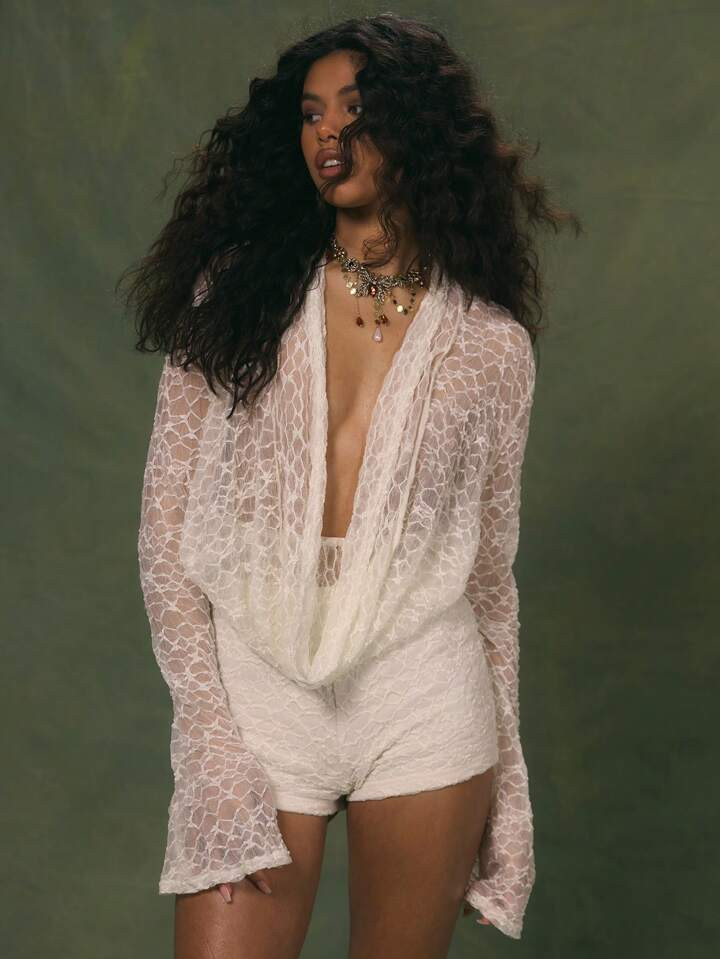 MUSERA Extreme Plunge Draped Front Textured Lace Long Sleeve Flared Cuff Top Only Sexy Cute Ibiza Spring Summer Club Vacation Holiday Boho Forbidden Gardens Festival Rave Going Out Tops Club | SHEIN