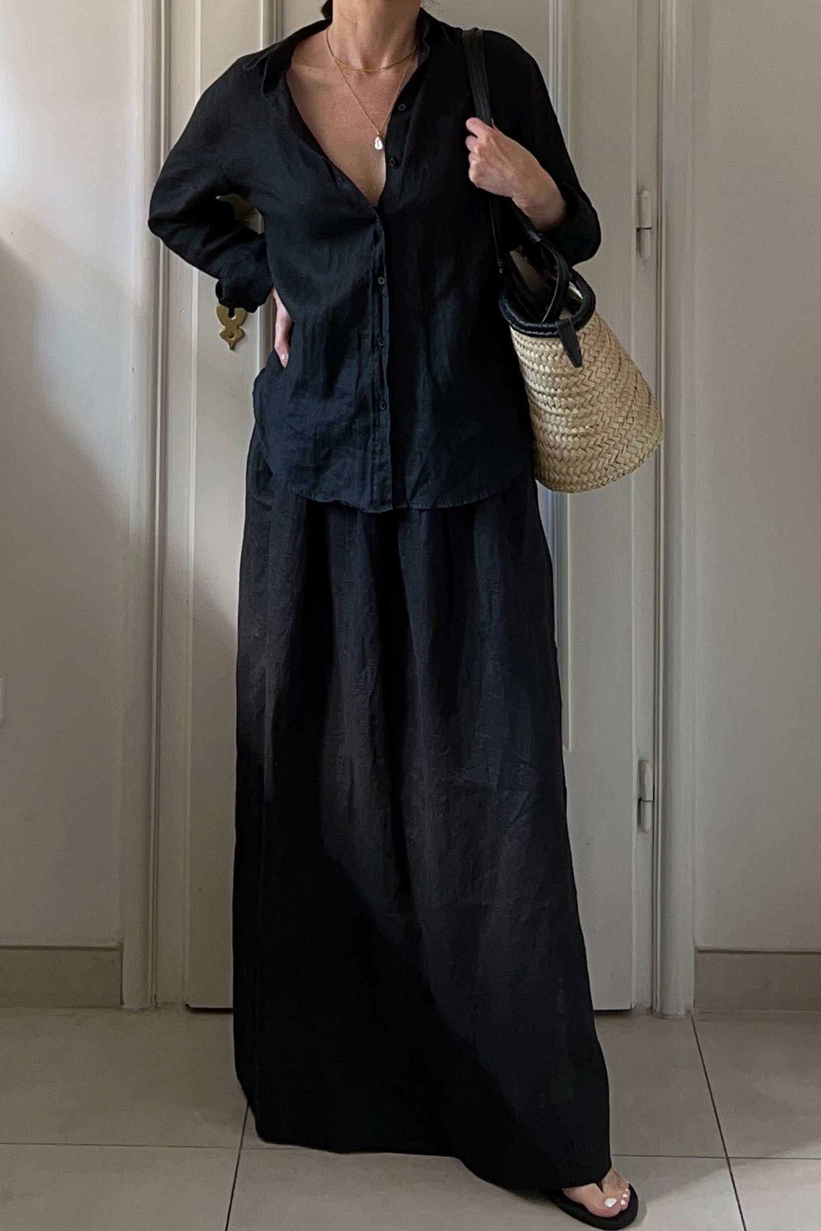 Black outfit, linen outfit, summer outfit, black linen skirt, maxi skirt, black maxi skirt, maxi slit skirt, black linen shirt, basket bag, flip flops, pearl necklacees

#LTKuk #LTKsummer #LTKbag