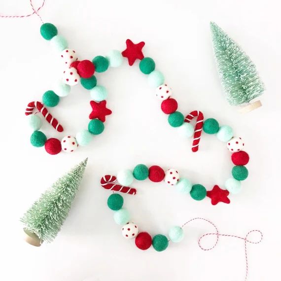 Christmas Felt Ball Garland | Candy Cane Garland | Felt Candy Canes | Christmas Tree Garland | Re... | Etsy (US)