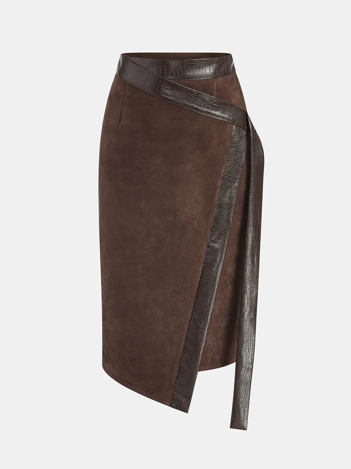 Crocodile PU Leather Panel Suede Effect Midi Skirt | Commense