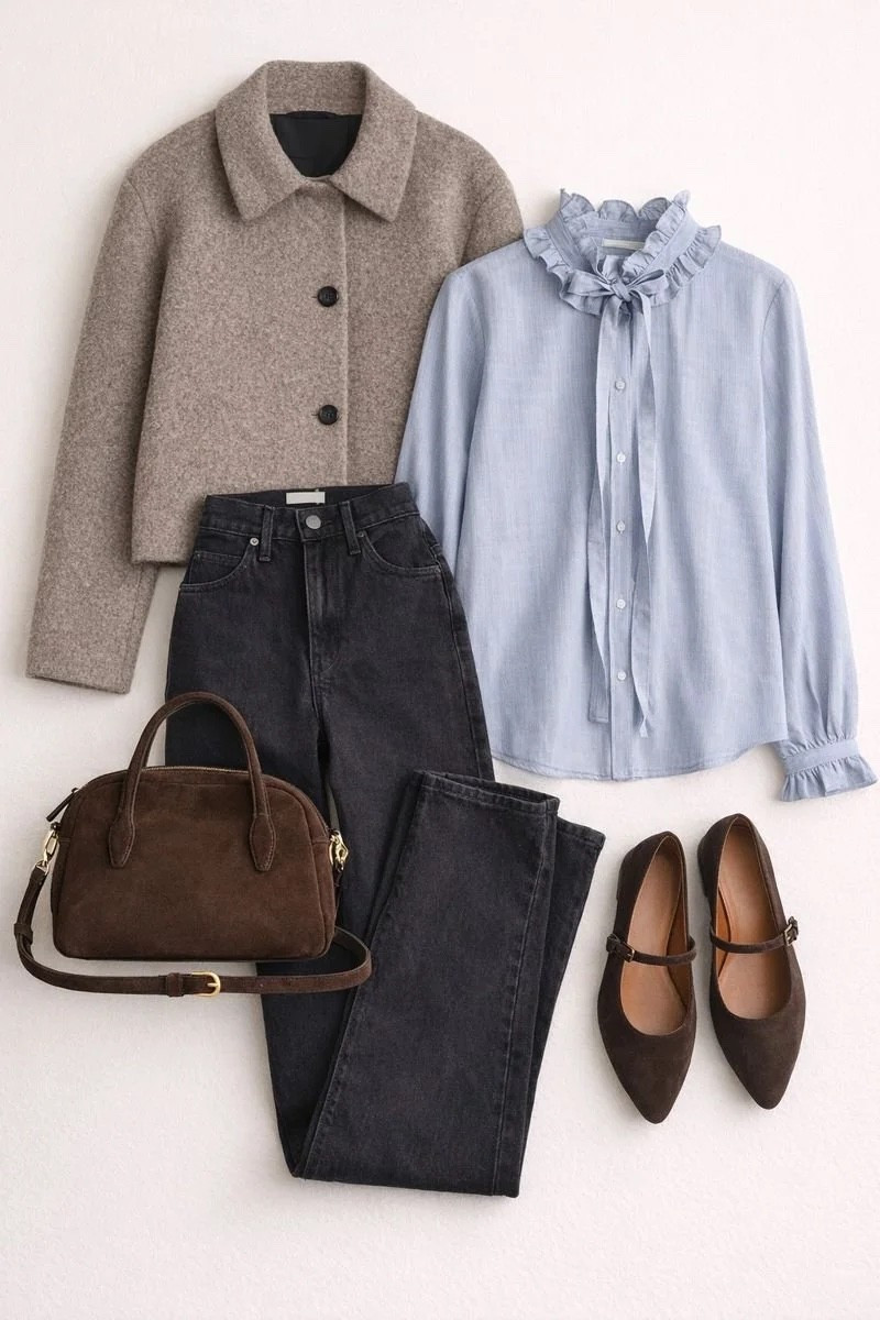 WHAT I'M WEARING WEDNESDAY 01/07/2026
This outfit embodies effortless, everyday elegance with a soft, feminine touch. The ruffled blouse adds subtle romance to classic black denim, while the textured wool jacket keeps the look polished and seasonally cozy. Finished with chocolate-brown accessories and simple flats, this OOTD feels timeless, wearable, and perfect for a casual day that still calls for thoughtful style. See the full post at www.abigailamira.com and follow for more ootd posts every week!

#LTKootd #LTKgrwm