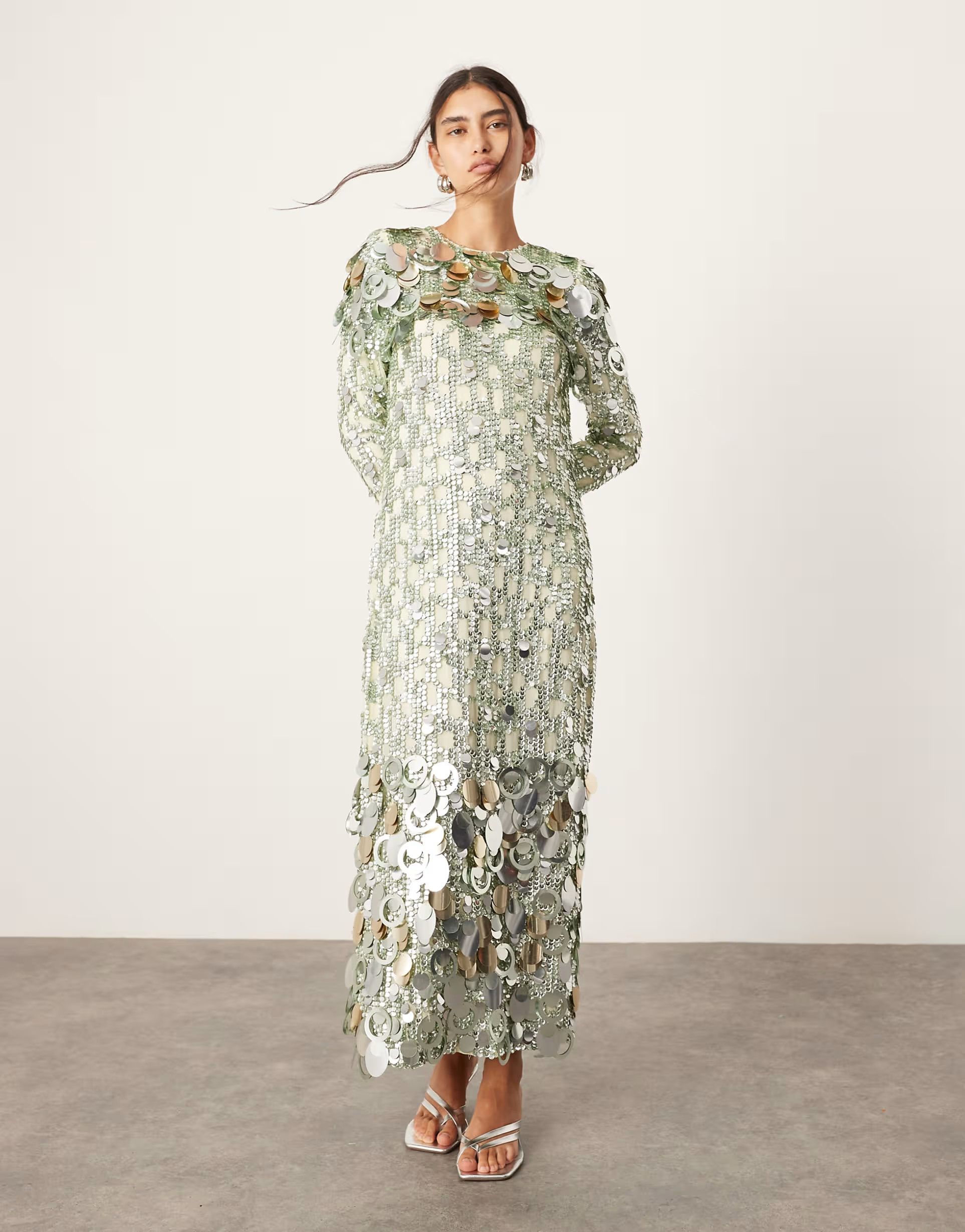 ASOS EDITION stacked multi sequin long sleeve column midaxi dress in green | ASOS (Global)