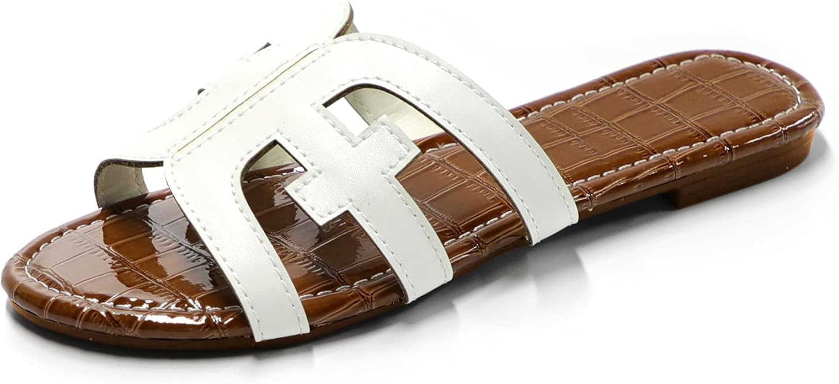 Softome Women's Flat Slide Sandals Cutout Leather Open Toe Slip on Sandals for Summer | Amazon (US)