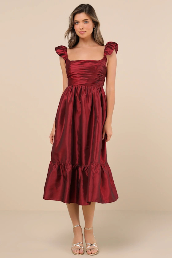 Poised Passion Wine Red Taffeta Pleated Ruffled Midi Dress | Lulus