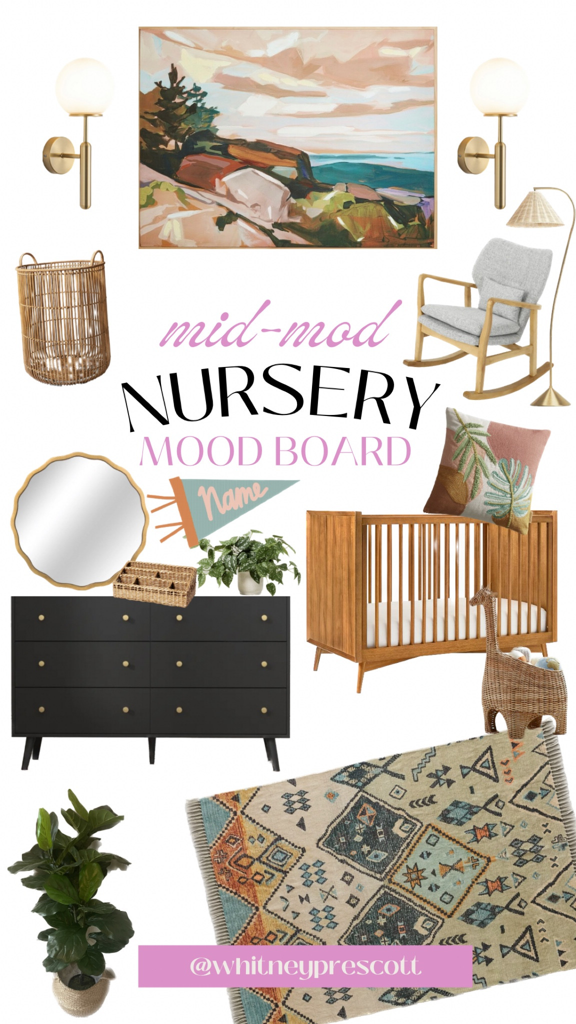 Mid Century Modern Nursery Mood Board! 👶🏼🪴🪞I’m reusing a lot from our first nursery for baby #2 but it’s been fun picking out some new decor and accessories! Are you team #midmod? 

#midcenturymodern #midcentury #midmod #nursery #nurserydecor #midmoddecor #girlnursery #midmodnursery #modernnursery #nurseryinspo #moodboard #nurserymoodboard

#LTKhome #LTKbaby #LTKbump