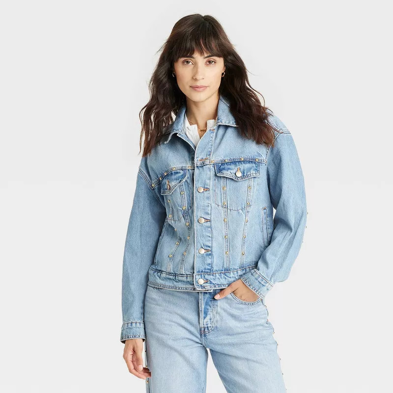 Women's Studded Denim Trucker Jacket - Universal Thread™ Blue | Target