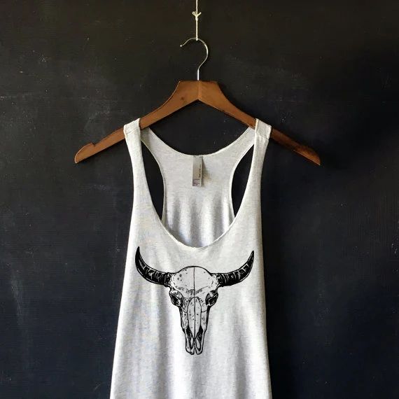 Bison Skull Tank Top for Women in Heather White - Bison Cow Skull Shirts - Bull Horn Shirts - Cow... | Etsy (US)