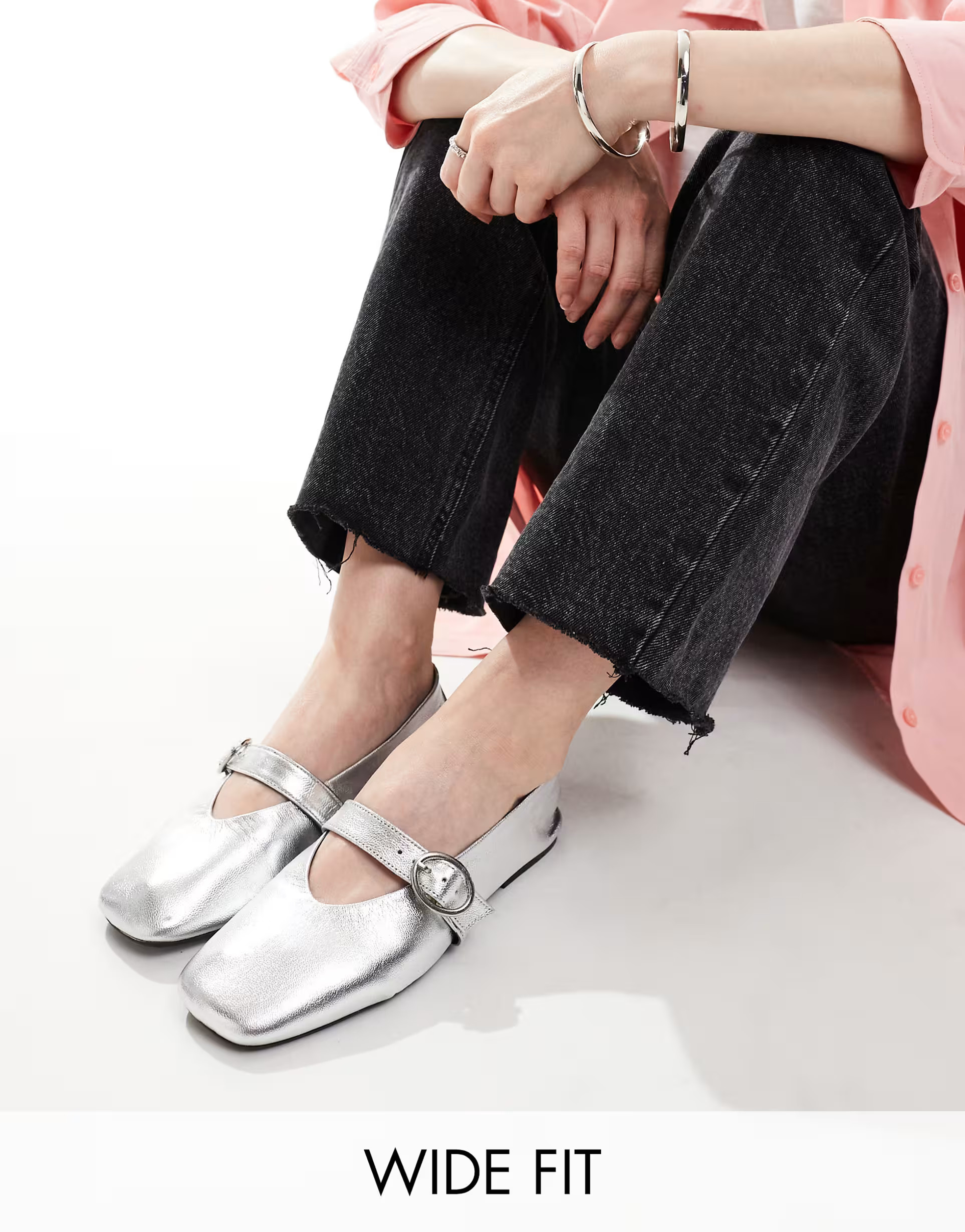 ASOS DESIGN Wide Fit Luxe Premium Leather Mary Jane ballet in silver | ASOS (Global)