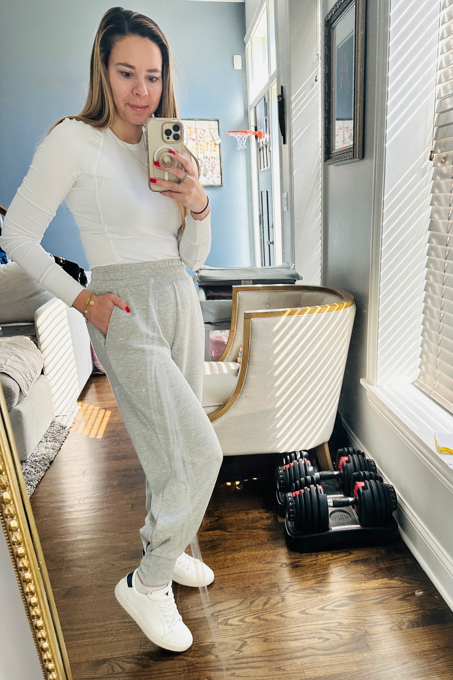 Varley relaxed joggers, gray, white long sleeve shirt from lululemon, thousand fell sneakers, white sneakers TTS, athletic, XS in joggers, Jaclin Natale 



#LTKtravel #LTKshoecrush #LTKfitness