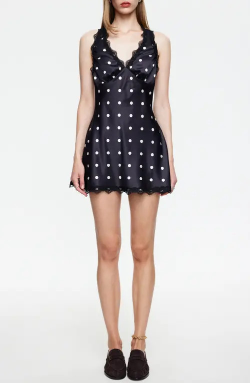 LIONESS Stars Align Polka Dot Lace Trim Halter Minidress in Noir Polka at Nordstrom, Size X-Large | Nordstrom