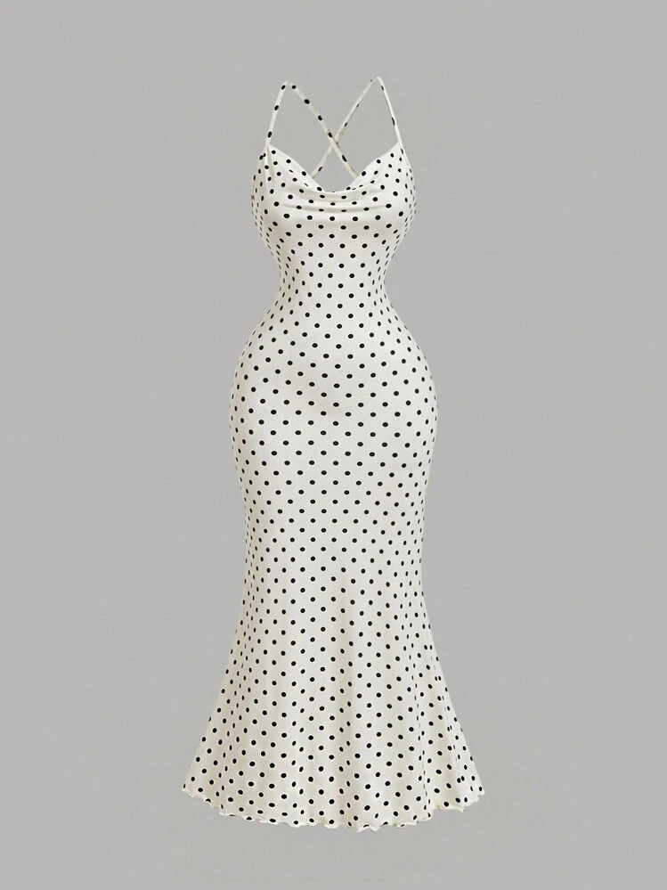 SHEIN X Garcia Sisters SHEIN MOD Draped Neck Dress For Women,Fall Clothes, New Year,Valentine Women Dress,Masquerade Ball Dress,Elegant Women Dresses,Summer Dresses For Women,White Graduation Dress Spring Clothes,Polka Dot Dress | SHEIN