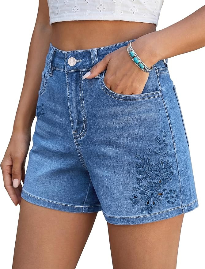 luvamia Jean Shorts for Women High Waisted Eyelet Embroidered Mid Thigh Wide Leg Stretchy Denim S... | Amazon (US)