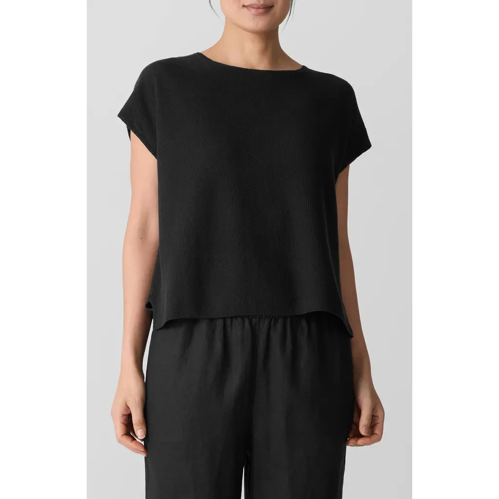 Eileen Fisher Organic Linen & Organic Cotton Cap Sleeve T-Shirt in Black at Nordstrom, Size Small | Nordstrom