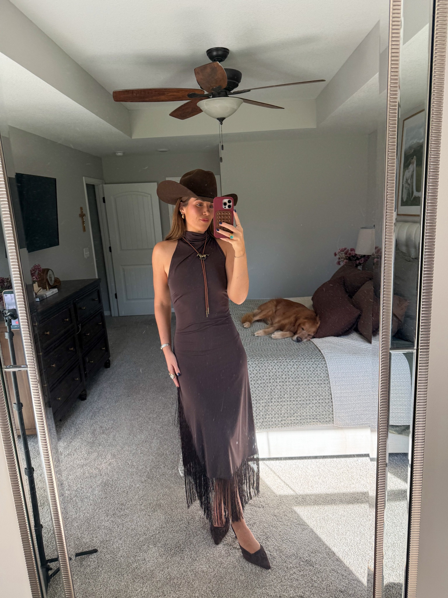 amazon western ootd! wearing a size small in the fringe dress. perfect for a western wedding guest look