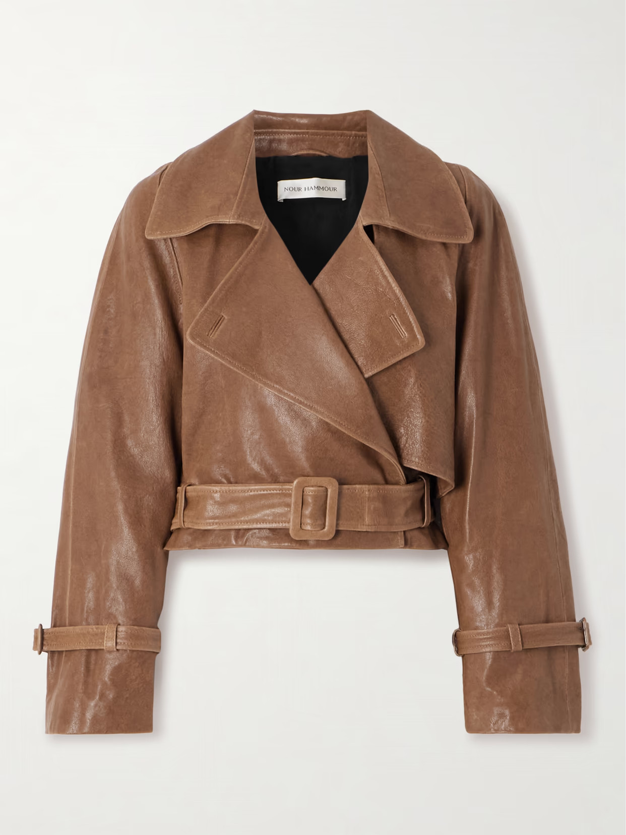 Nour Hammour - Hatti Cropped Belted Leather Jacket - Brown | NET-A-PORTER (US)