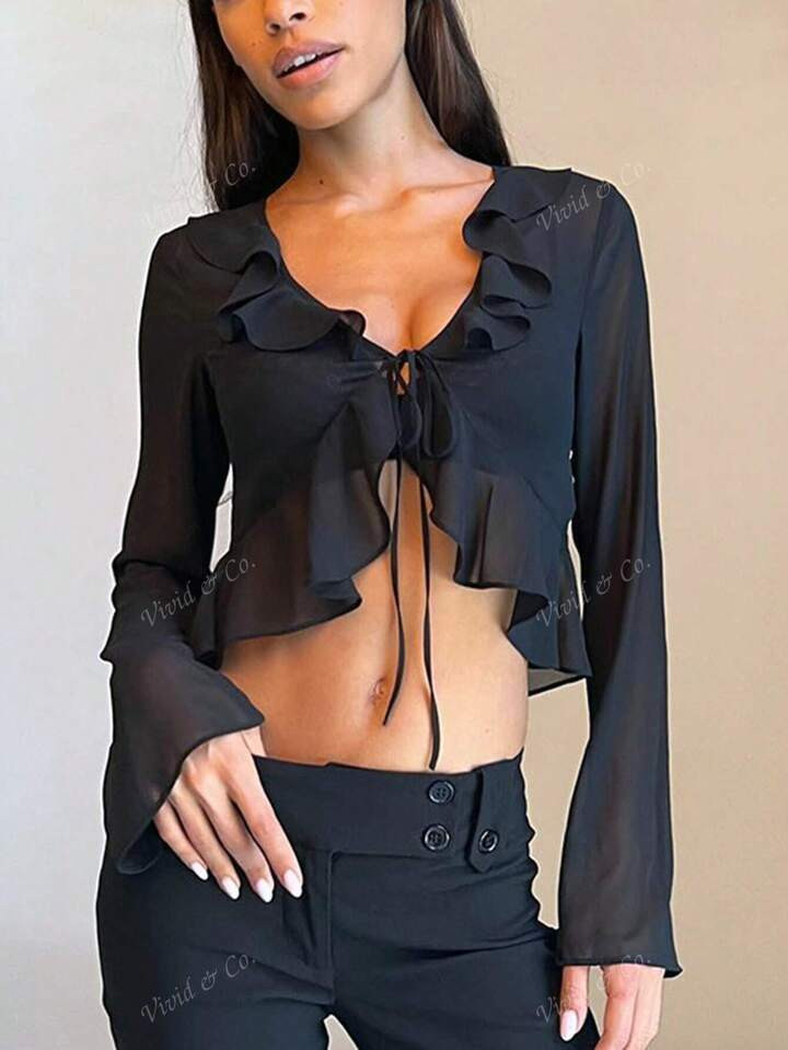 Women Solid Ruffle Front Tie Long Sleeves Sexy Casual Spring Summer Vacation Party Beach Street Top | SHEIN