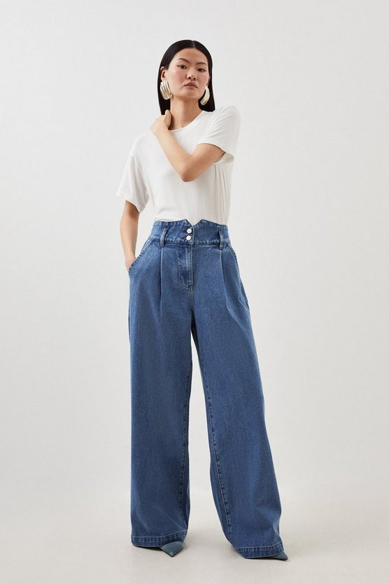 Petite Denim Indigo Wide Leg Trousers | Karen Millen UK + IE + DE + NL