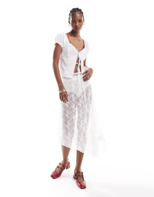 Daisy Street asymmetric hem midi skirt in white lace | ASOS (Global)