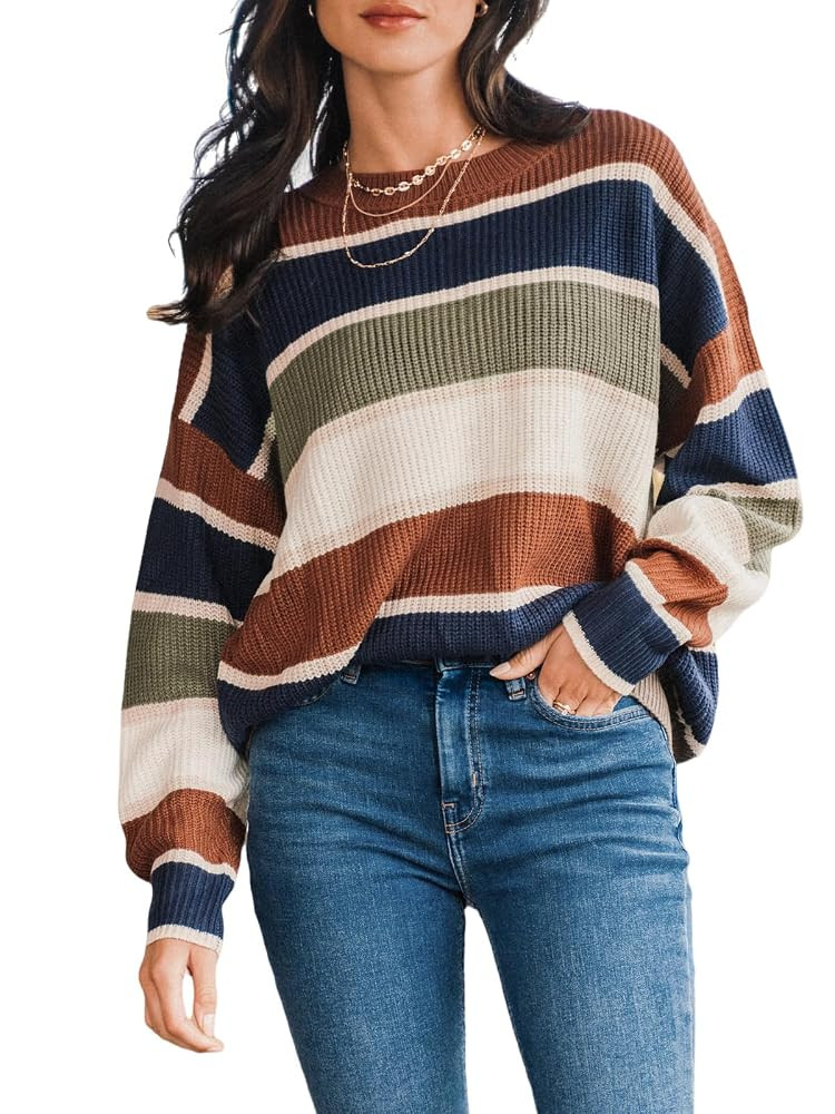 CUPSHE Womens Striped Sweaters Crewneck Long Sleeve Colorblock Casual Pullover Sweater Tops | Amazon (US)