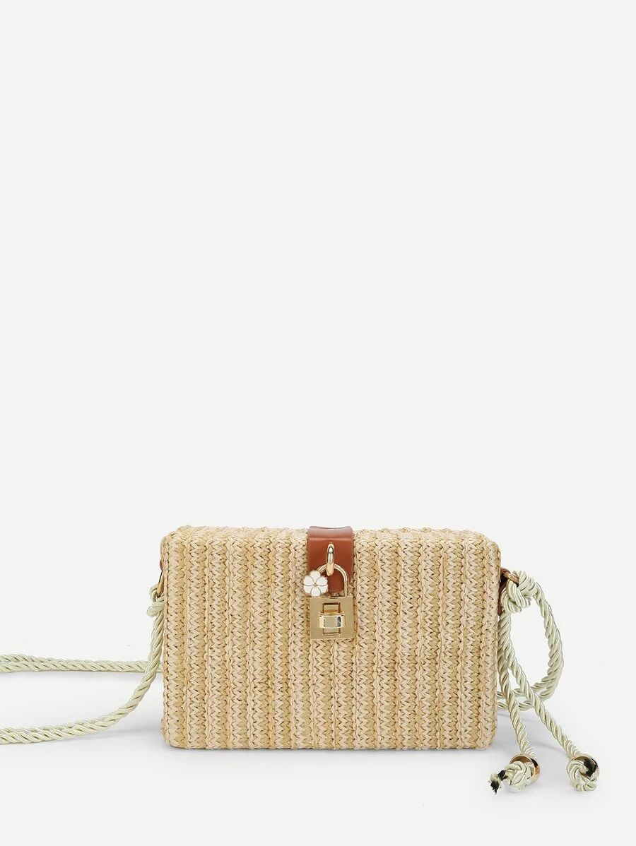 Lock Detail Straw Crossbody Bag | SHEIN