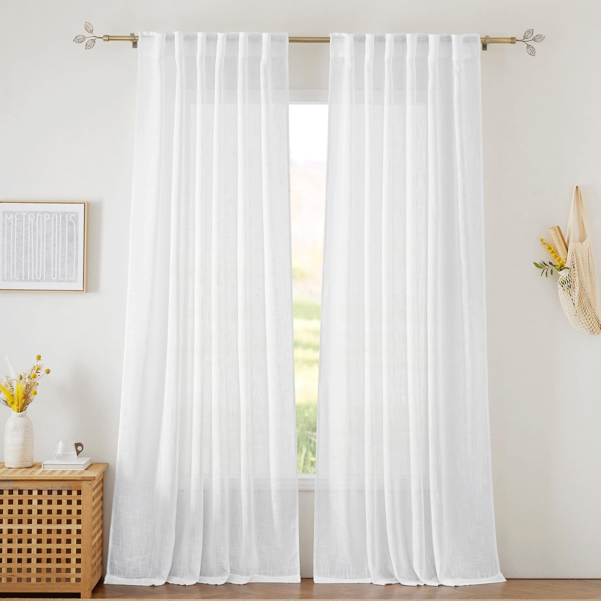 RYB HOME White Curtains Sheer - Linen Texture Sheer Window Covering, Light & Airy Translucent Pan... | Amazon (US)