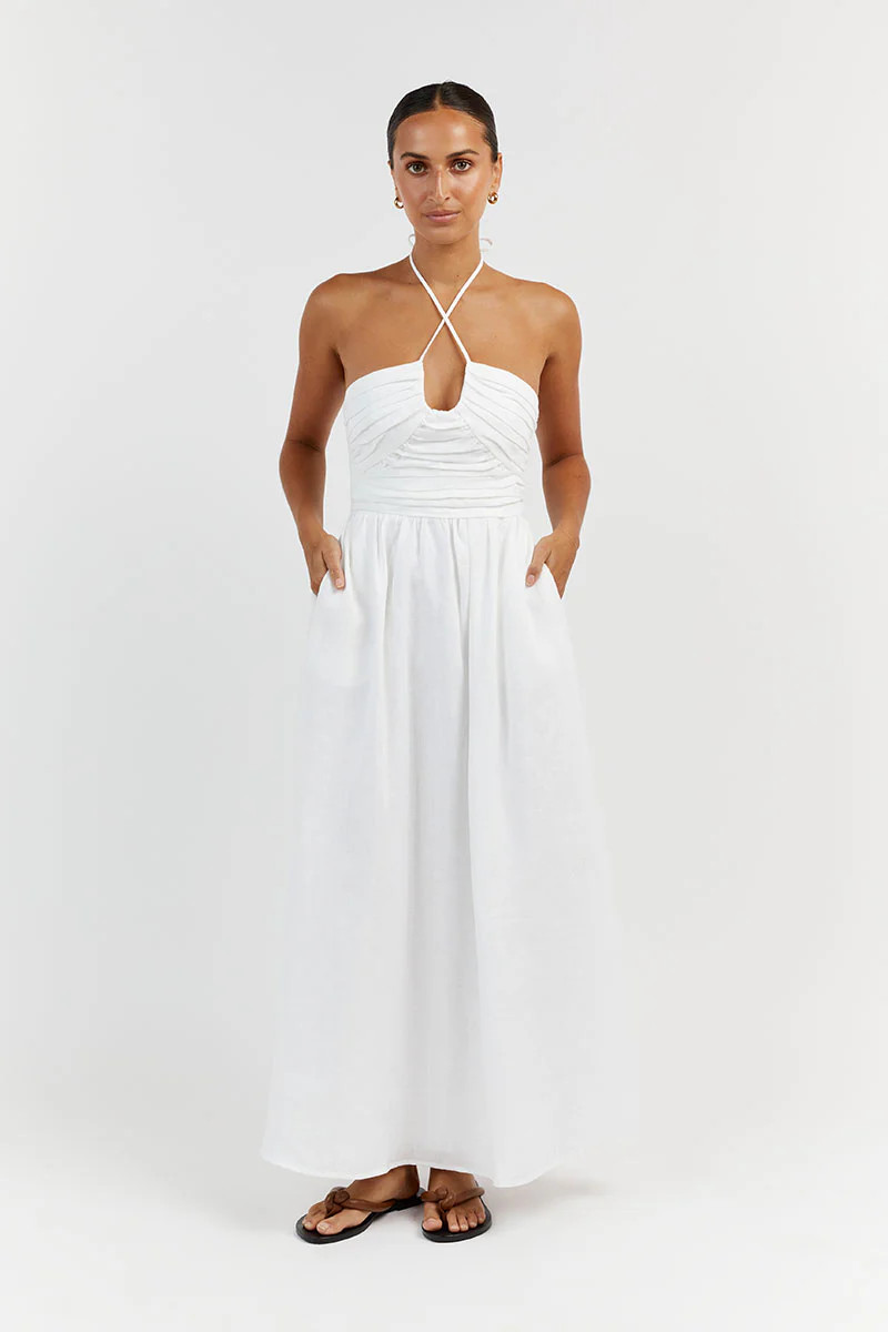 IZZY WHITE TWISTED LINEN MIDI DRESS | DISSH
