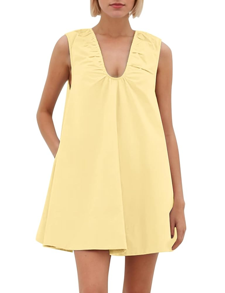 Livtany Women's Scoop Neck Babydoll Cute Mini Dress Flowy Sleeveless Short Dress Ruched Loose Fit... | Amazon (US)