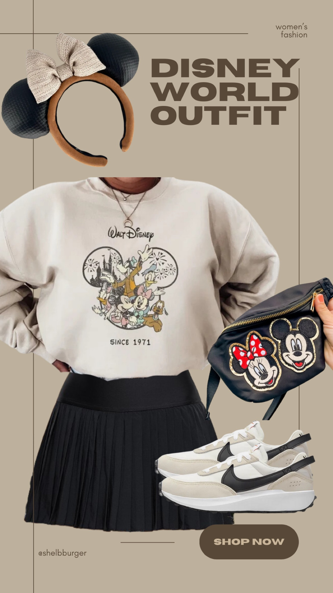 Disney World outfit for women
Neutral outfit

Disney World crewneck sweatshirt 
Pleated tennis skirt
Mickey and Minnie Mouse Fanny pack
Neutral tan and black Nike walking shoes
Padded neutral Disney Mouse ears

#LTKtravel #LTKsalealert #LTKshoecrush