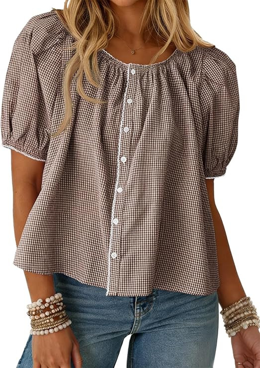 Tankaneo Womens Puff Sleeve Gingham Blouse Plaid Crew Neck Cute Tops | Amazon (US)